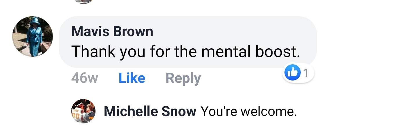 Mavis Brown Facebook comment: Thank you for the mental boost. Michelle Snow replies: You're welcome.