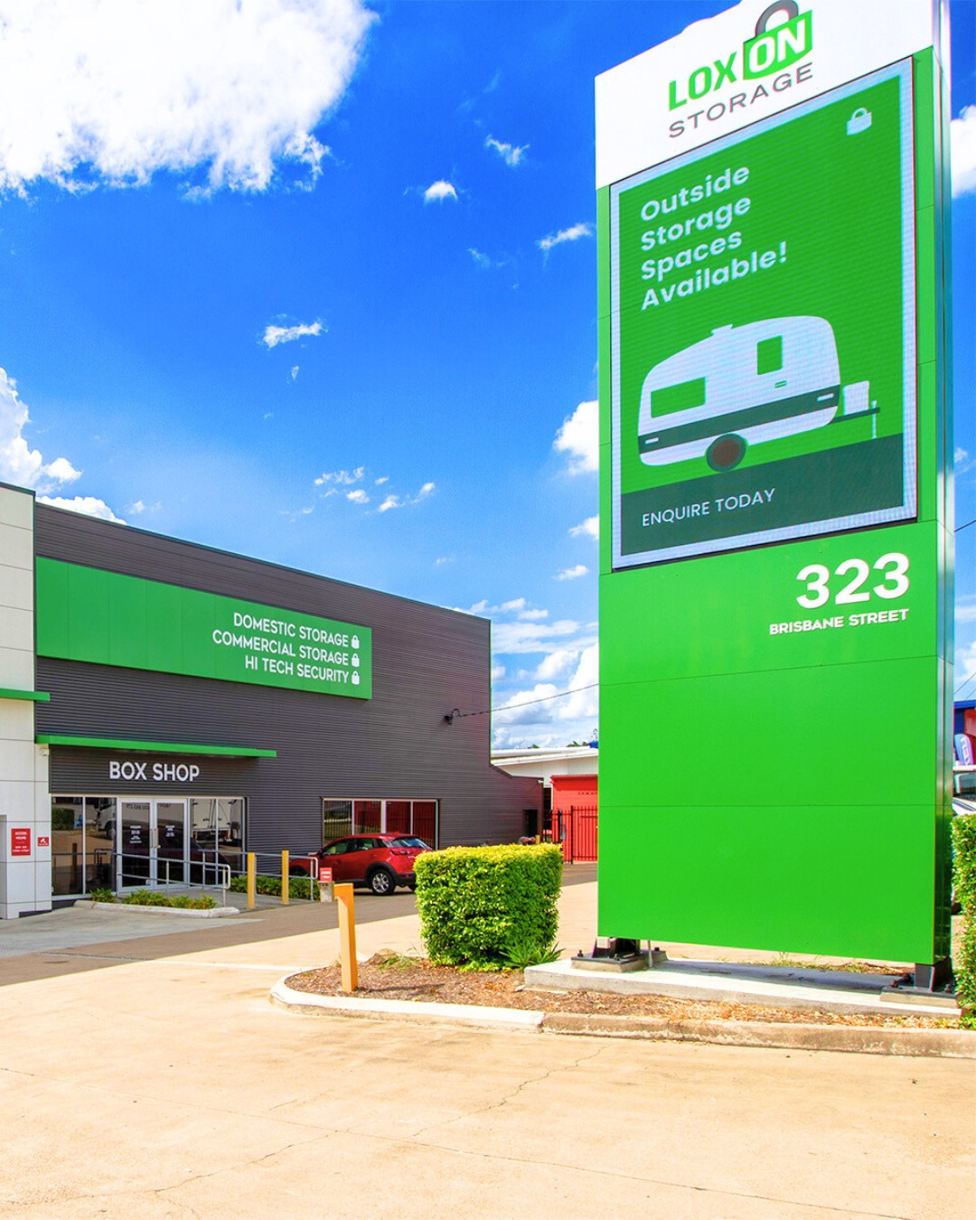 Loxon Storage facility at 323 Brisbane Street showing domestic, commercial storage and hi-tech security signage