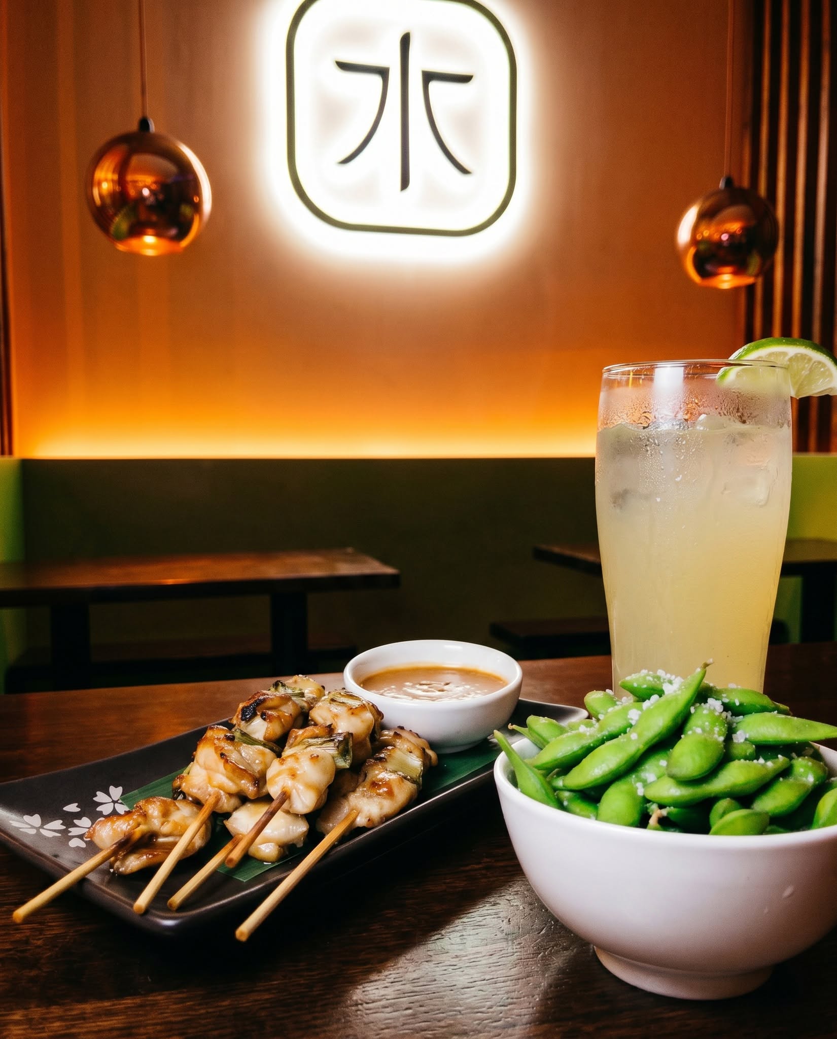 Japanese skewers and edamame served in the restaurant