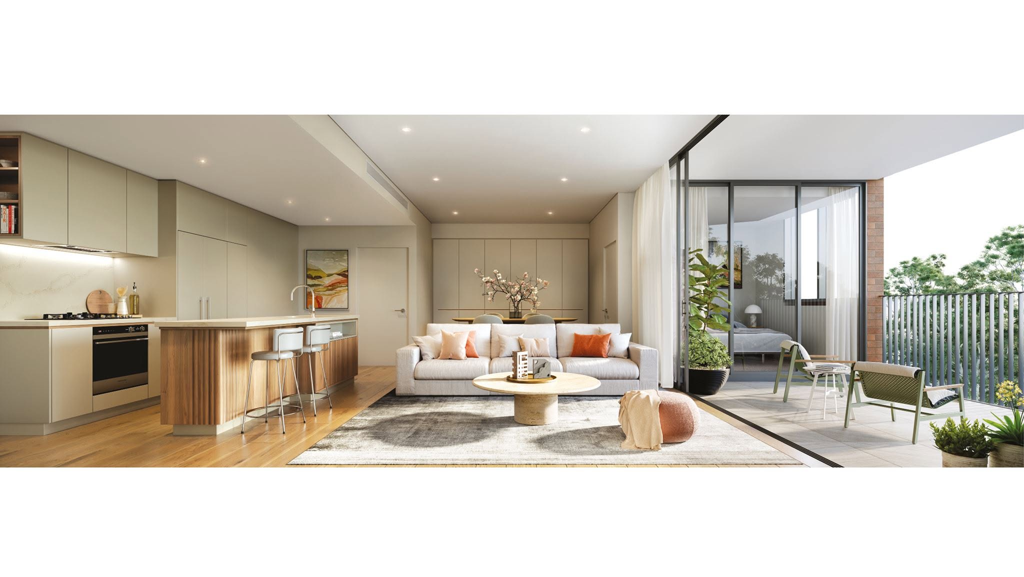 Luxury open-plan apartment interior with designer kitchen and living area opening to terrace