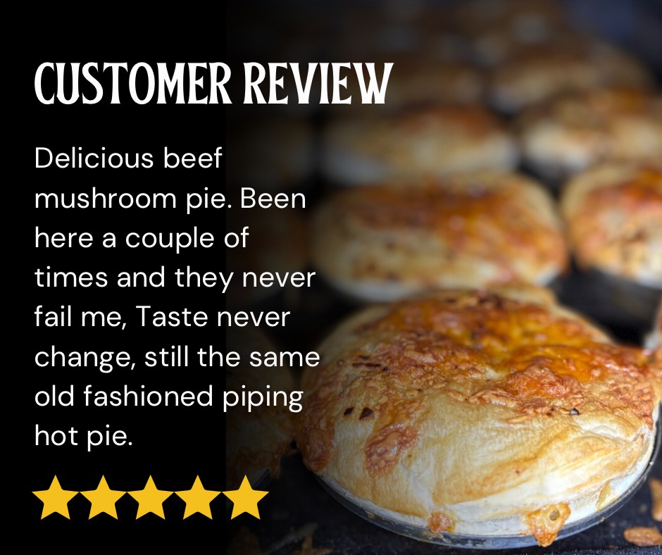 Customer review card showing golden pies fresh from the oven with a 5-star rating