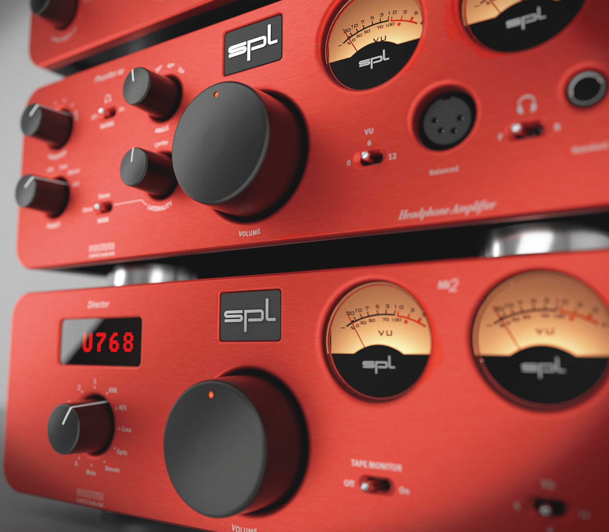 SPL Professional Fidelity – Phonitor x und Director, Nahaufnahme mit VU-Metern und Reglern
