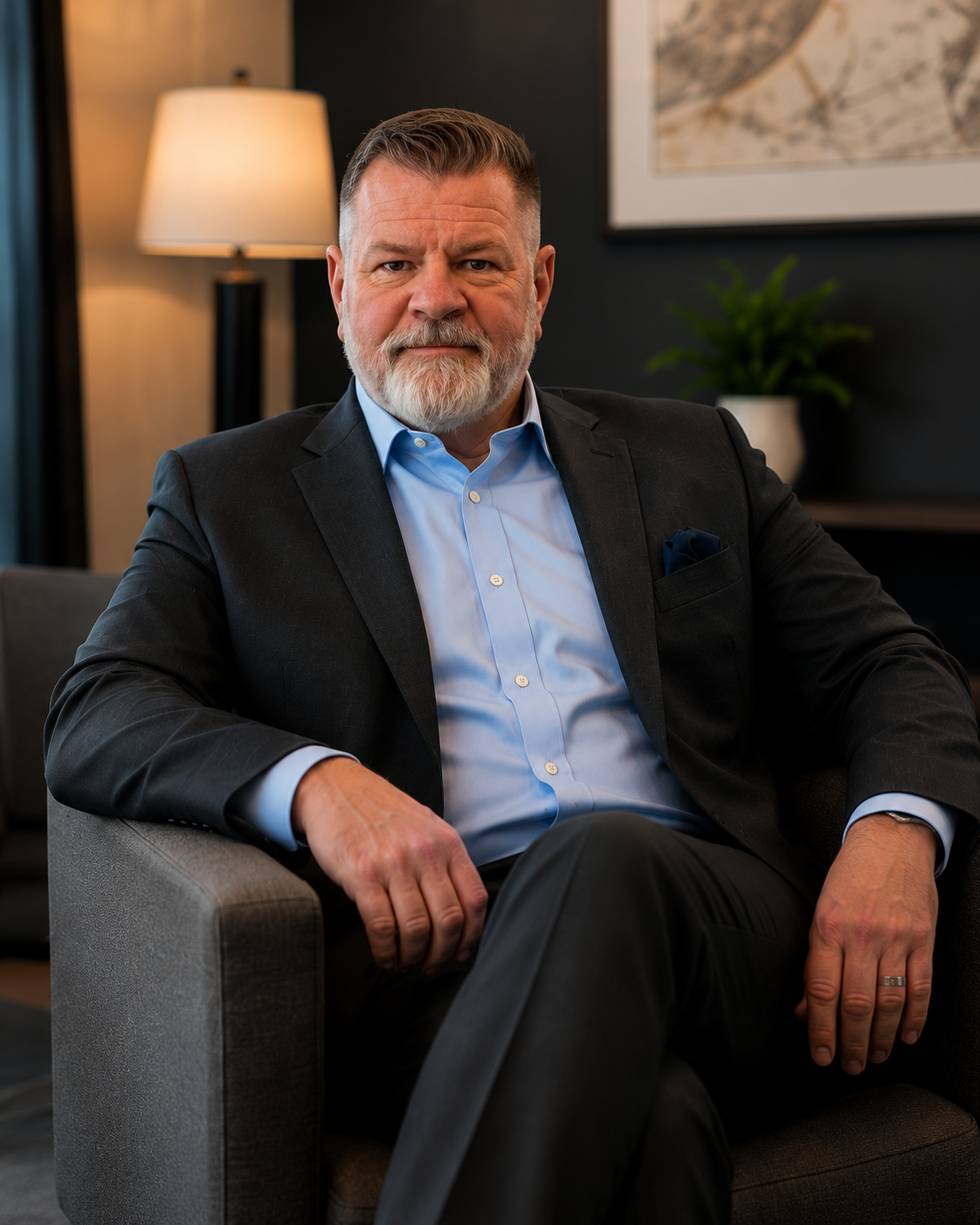 Casey Stillman seated, professional executive advisory portrait
