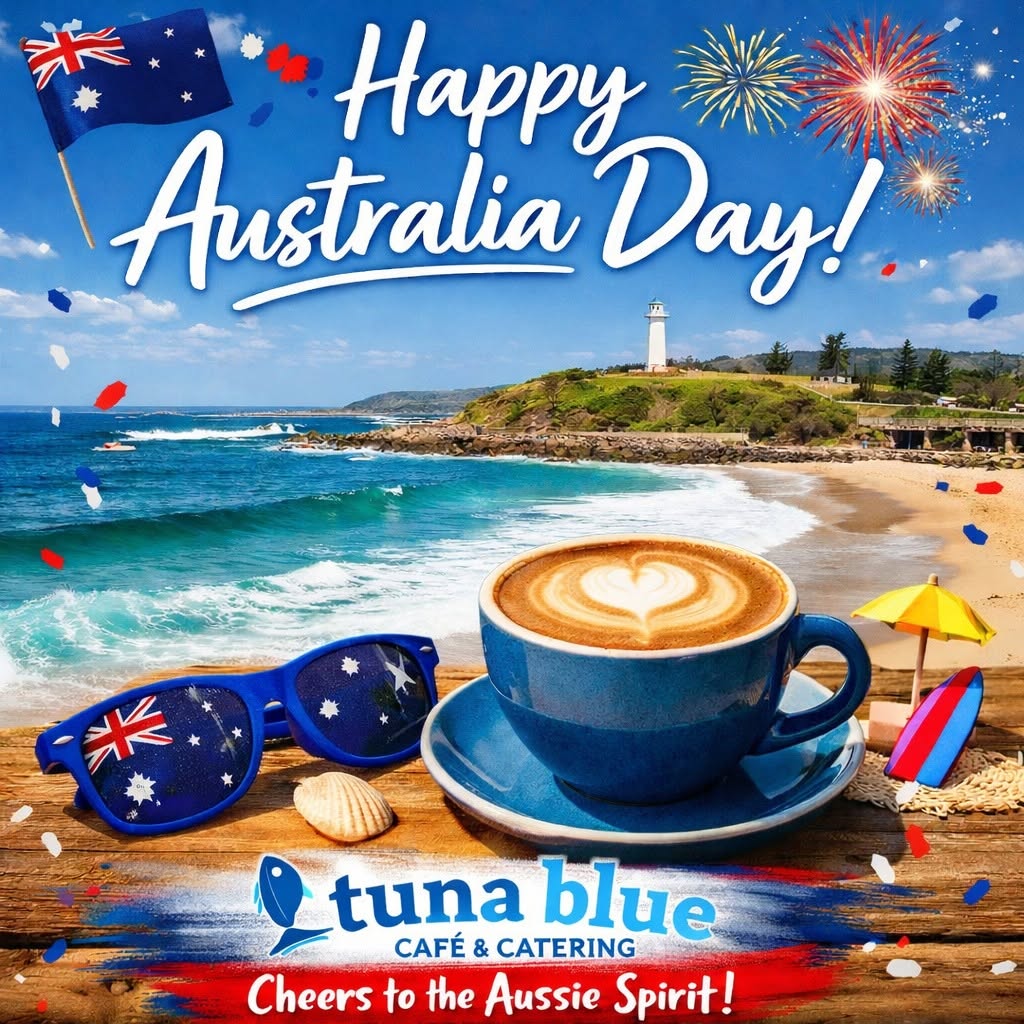 Tuna Blue branded coffee cup on a Wollongong beach with lighthouse in the background