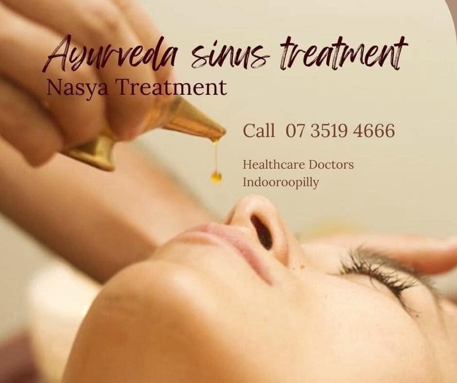 Nasya Ayurvedic sinus treatment — medicated golden oil gently applied to nasal passages