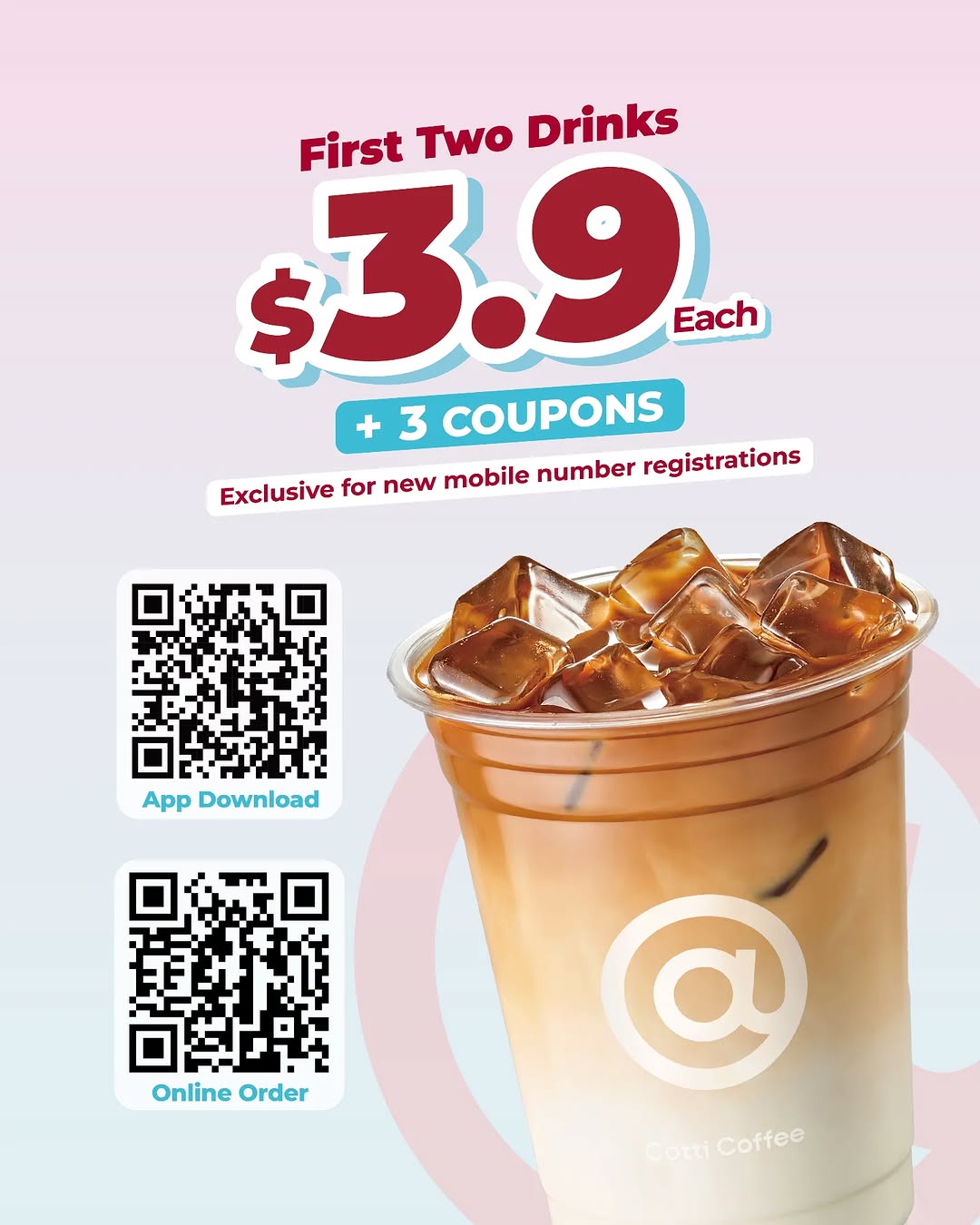 Iced coffee drink with QR codes for app download and online ordering