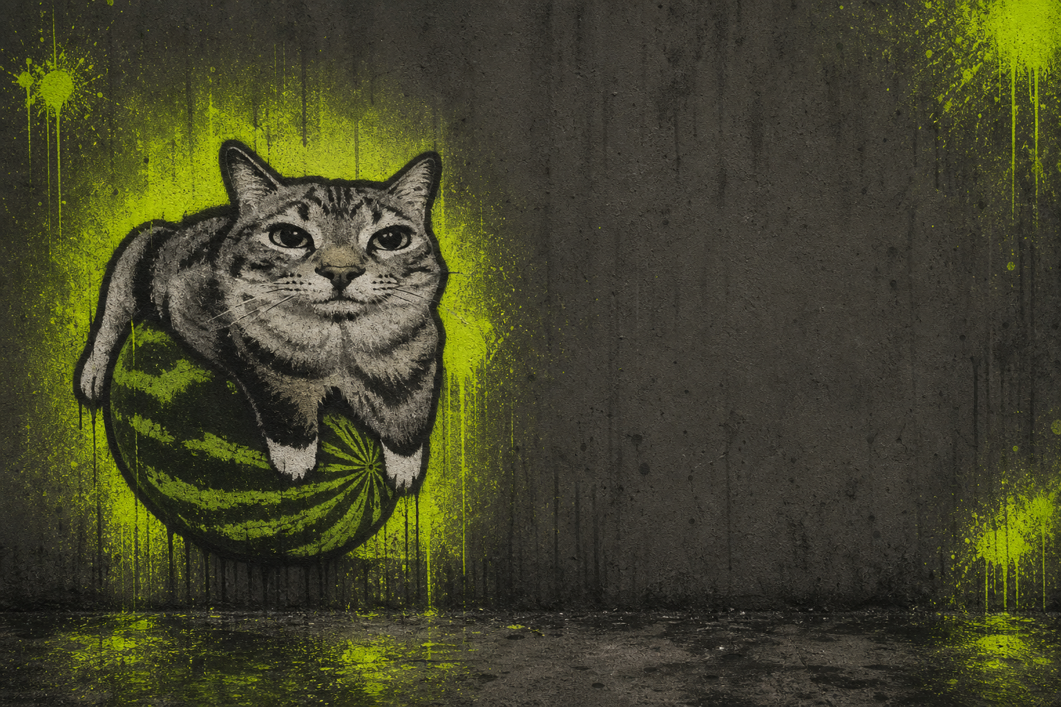 Sprayed sticker of the tabby cat leaning over the watermelon, chin resting low