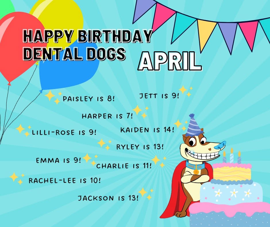 Dental Dog kids program birthday announcement — the Dental Dog mascot superhero character celebrating young patients