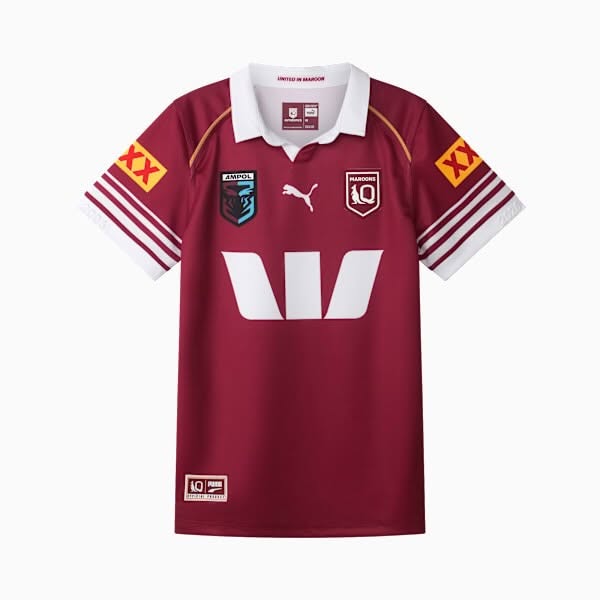 Maroon and white rugby league supporter jersey