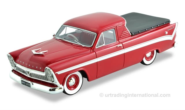 Chrysler AP3 Valiant ute in red and white die-cast model with Trax branding