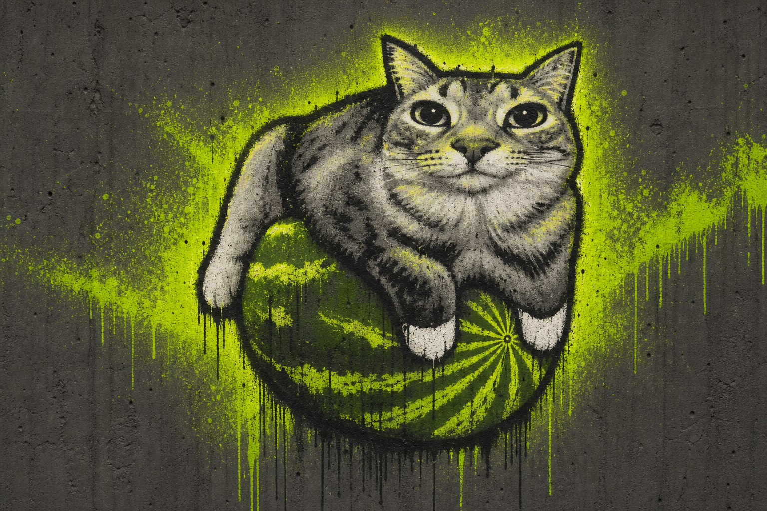 Wide horizontal mural strip of the tabby cat on a watermelon, sprayed with dripping neon-green paint