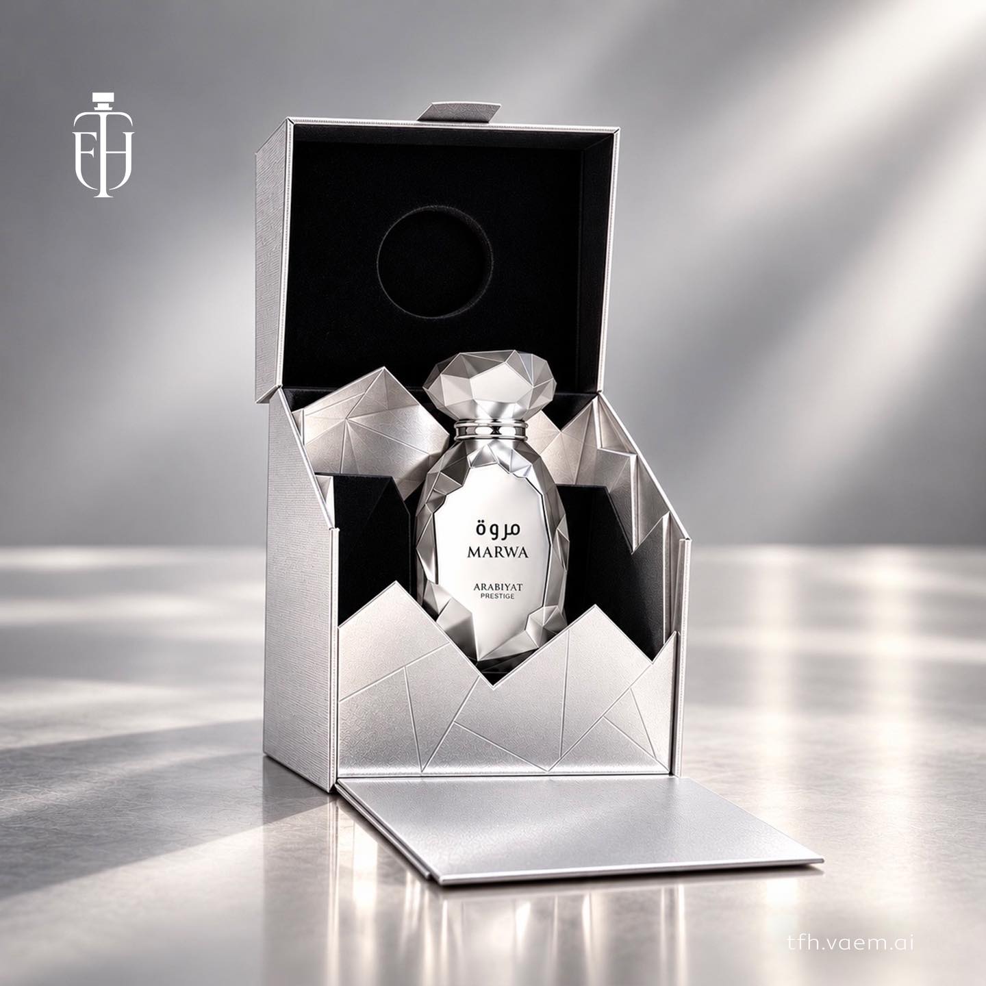 Silver faceted perfume bottle rising from an open geometric gift box
