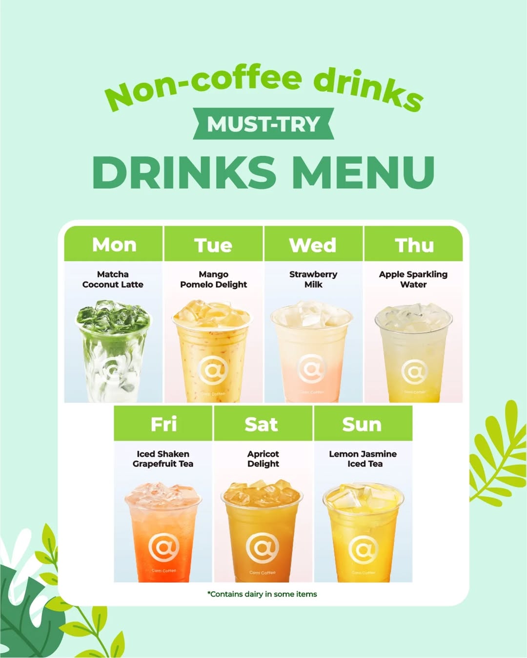 Cotti Coffee non-coffee drinks weekly menu featuring seasonal specials