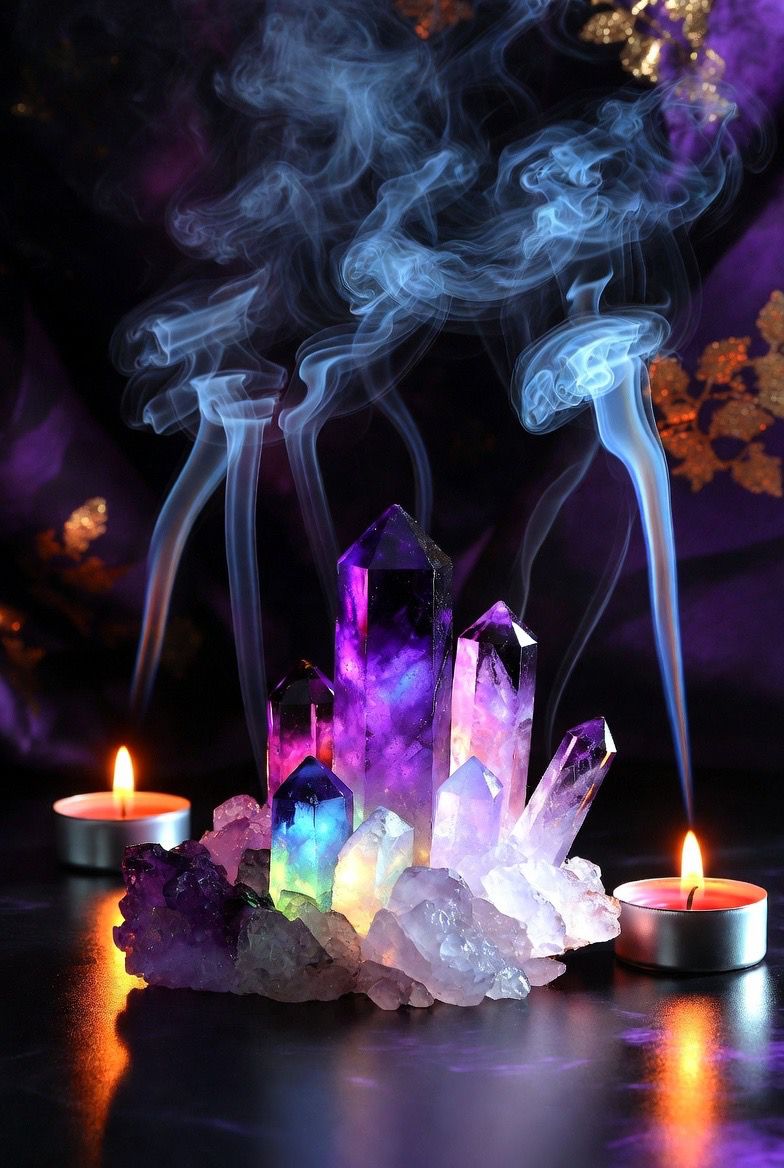 Glowing purple amethyst crystal cluster with blue incense smoke and tealight candles