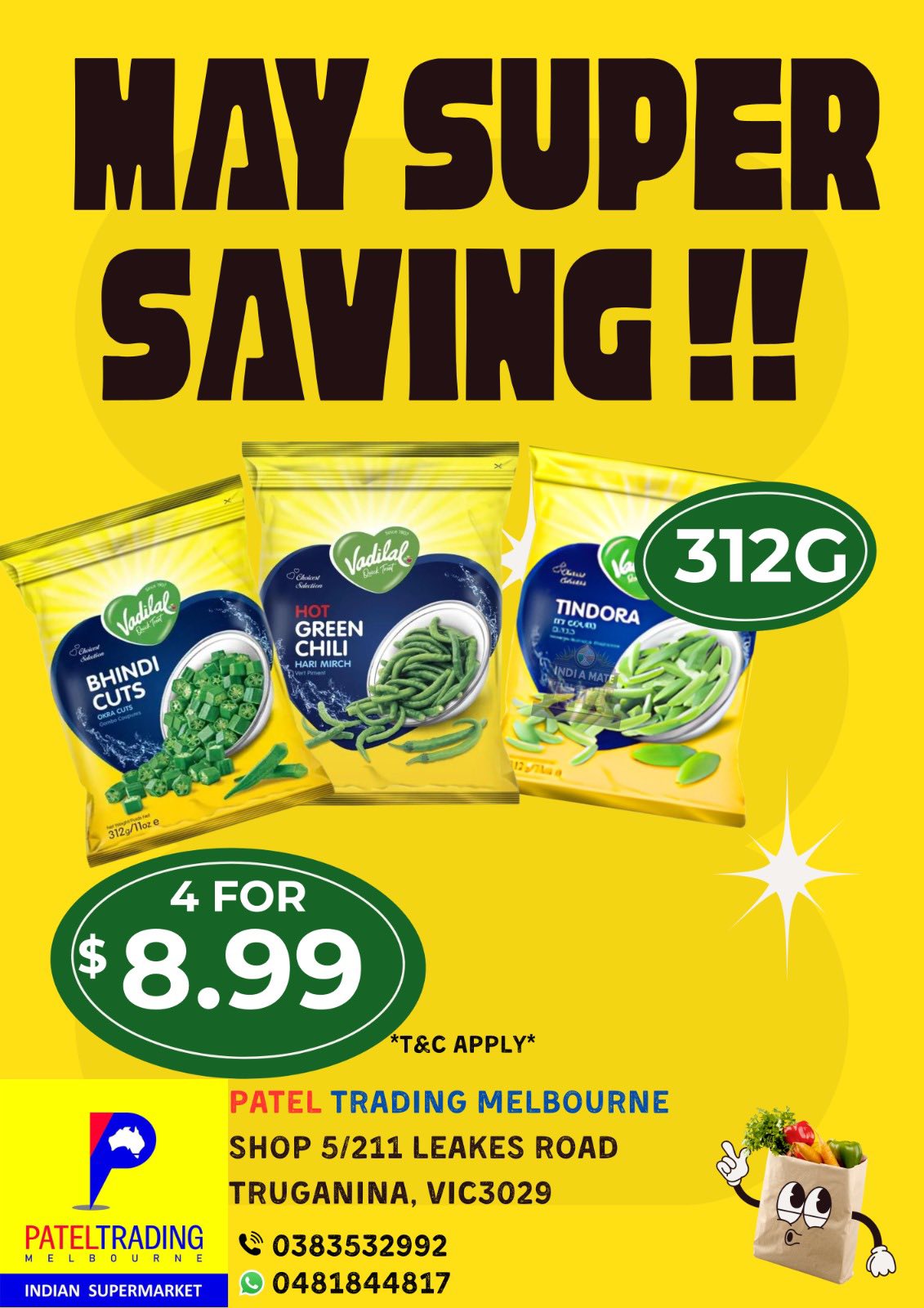 Vadilal Frozen Bhindi Cuts, Hot Green Chili & Tindora 312g – May Super Saving at Patel Trading Melbourne