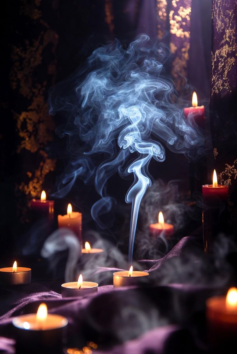Multiple candles with rising incense smoke in sacred ritual setting