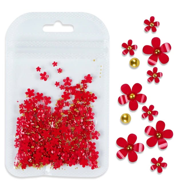 Red flower nail art charms with gold beads
