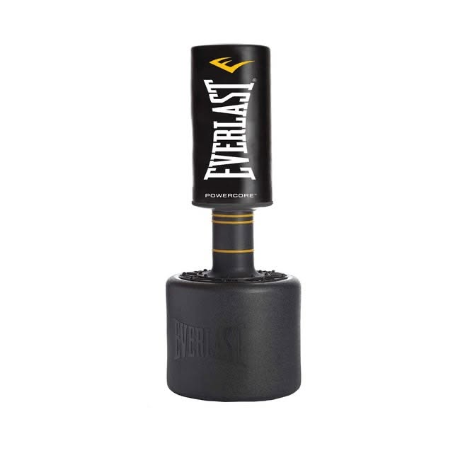 Black free-standing boxing bag with a weighted base