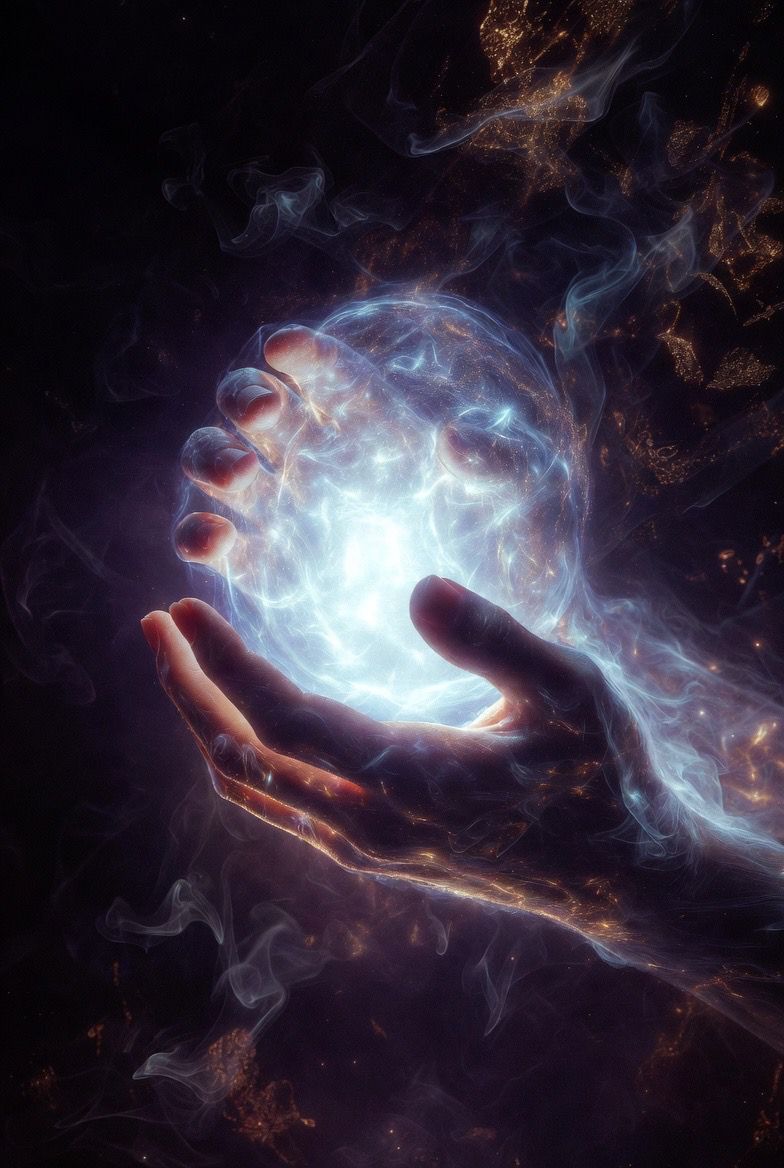 Swirling white and gold smoke forming fluid shapes against dark purple background