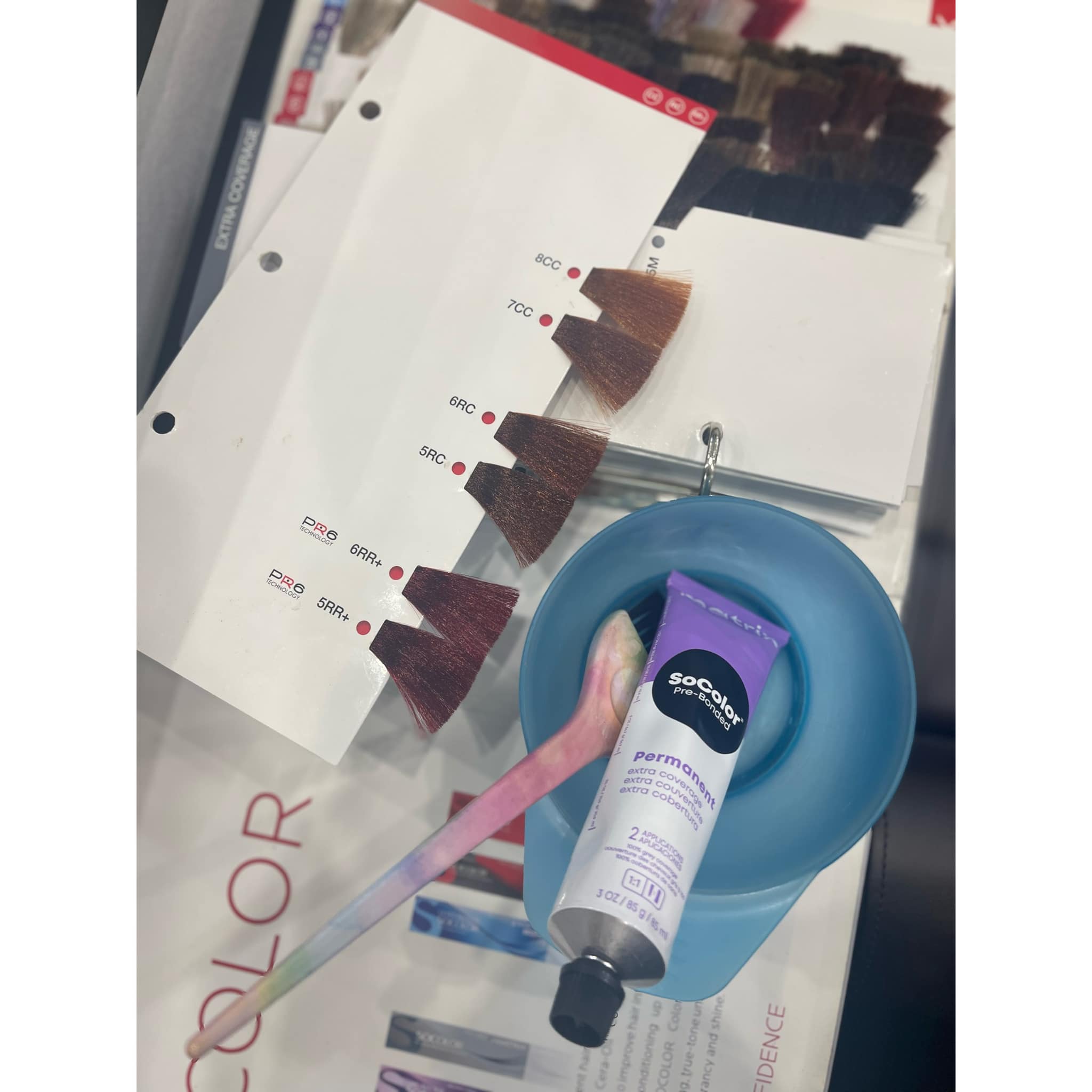 Professional Matrix SoColor hair colour products and shade swatches used at Jenny Bates Hair Studio