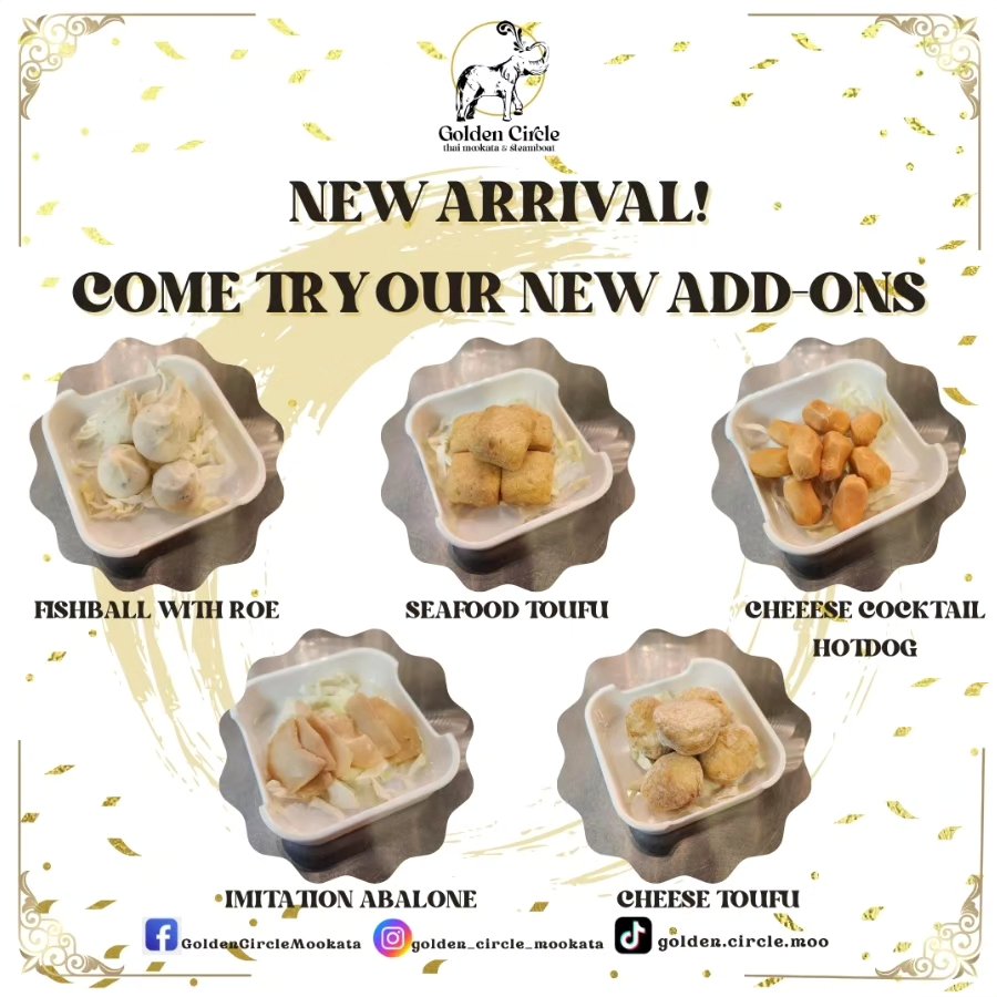 New menu add-ons: fishball with roe, seafood tofu, cheese cocktail hotdog, imitation abalone and cheese tofu in serving dishes
