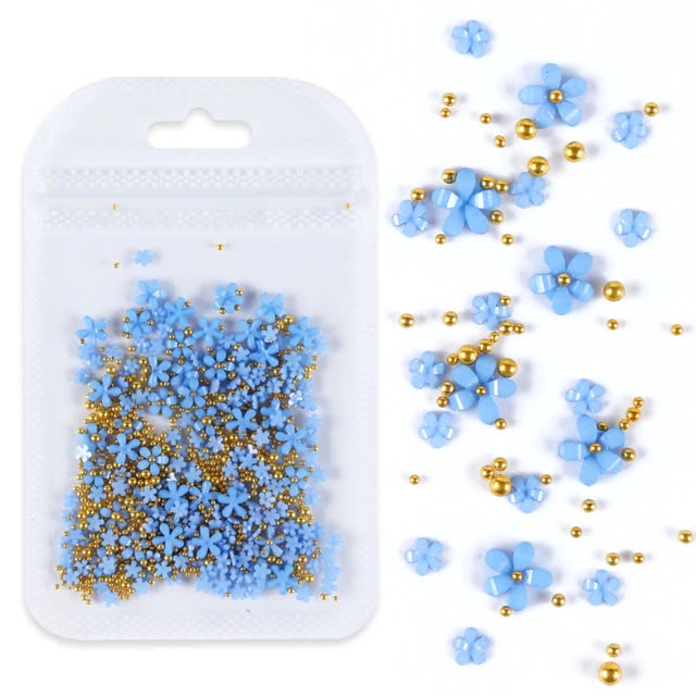 Blue flower nail art charms with gold beads