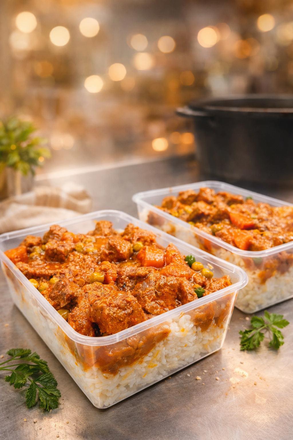 Hearty takeaway meal — slow-cooked meat curry with vegetables on white rice, perfect for a wholesome meal