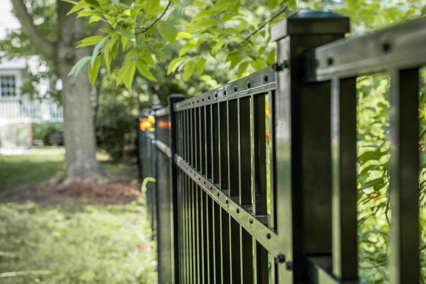 Close-up of a black steel fence gate detail surrounded by green trees