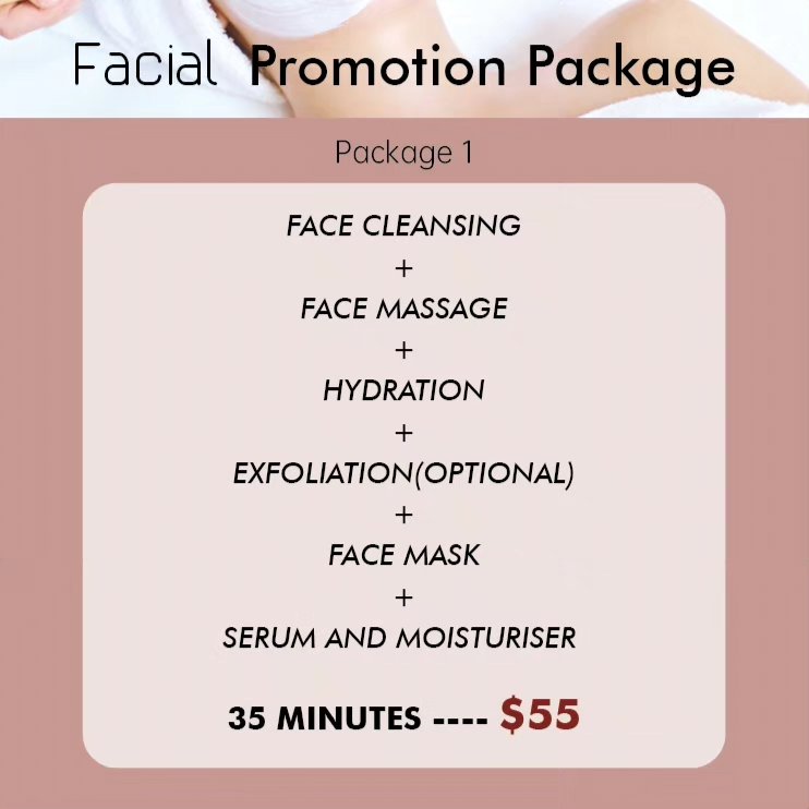 Facial Promotion Package 1 — face cleansing, massage, hydration, exfoliation, mask, serum for 35 minutes at $55