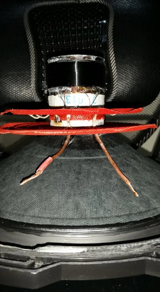 Side view of a speaker voice coil assembly with copper leads