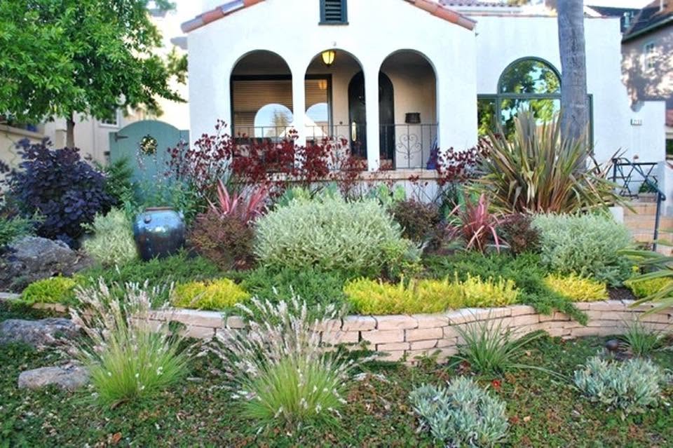 Lush sustainable garden with drought-tolerant native plants and decorative stone feature wall