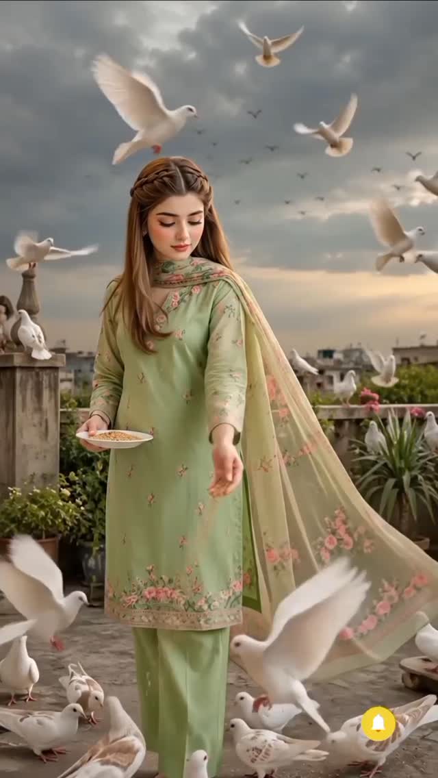 Woman in traditional outfit surrounded by doves on a rooftop
