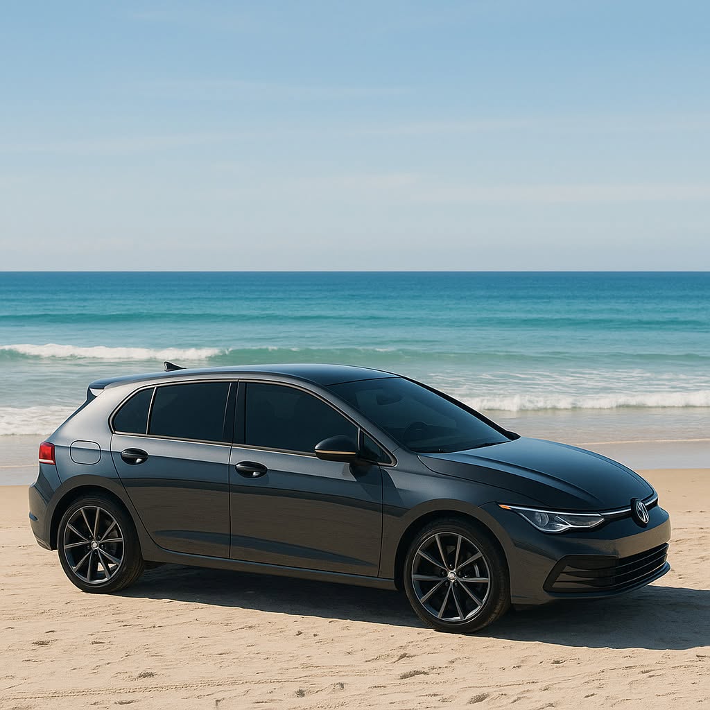 Dark hatchback with tinted windows parked near the coast