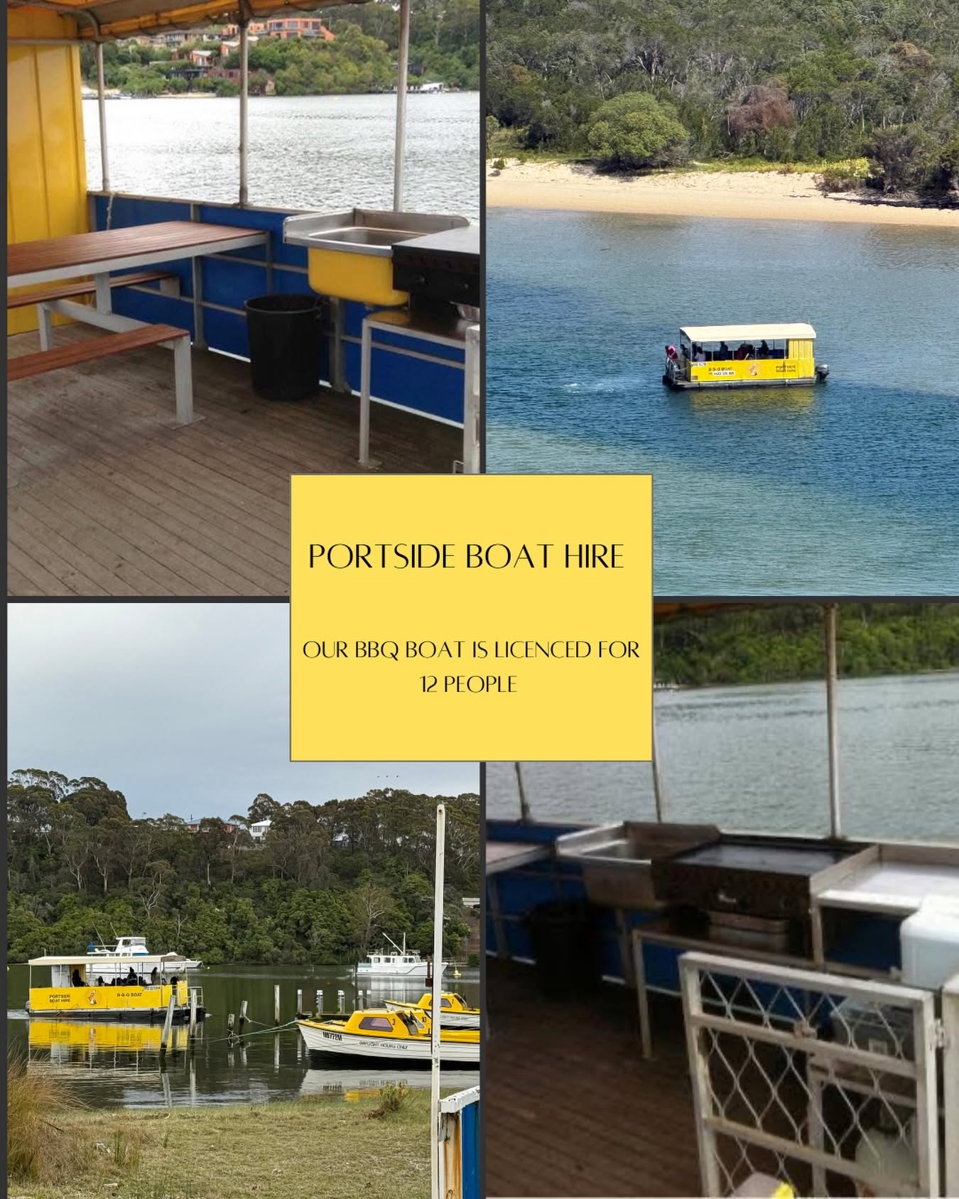 Pelicans on the shore of the Gippsland Lakes with yellow Portside hire boats moored behind them