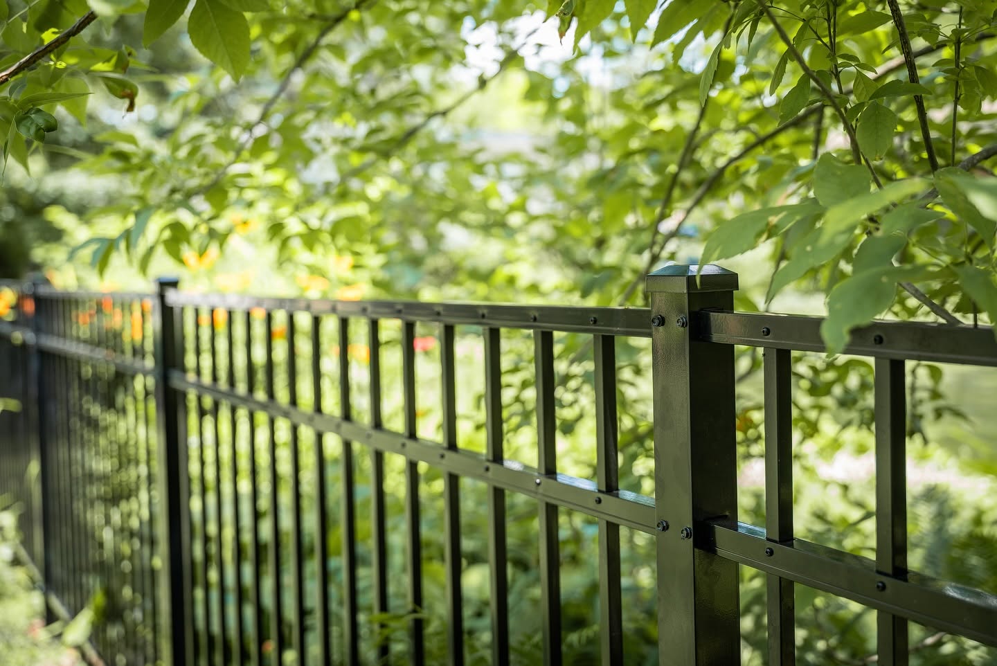 Close-up of a black steel fence post cap and rails with green garden behind