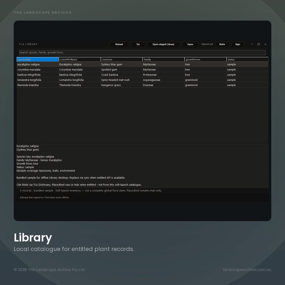 Screenshot of the Landscape Archive Library desktop application showing a searchable plant species catalogue