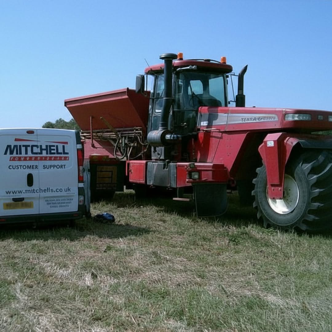 Mitchell agricultural support van parked beside a large red tractor in a paddock
