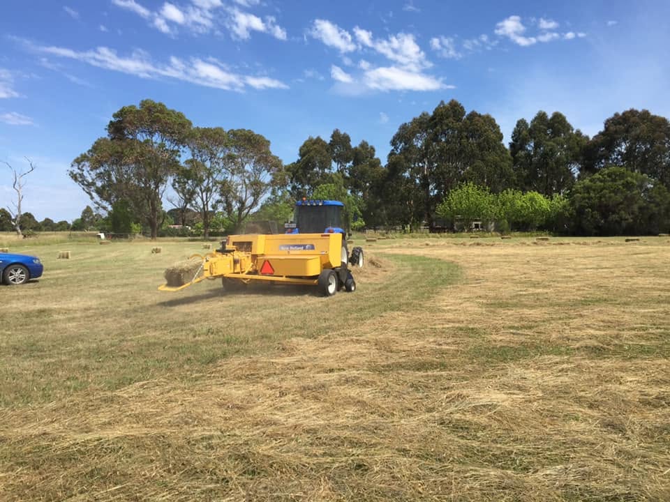 Rear view of a yellow New Holland square baler producing bales in a dry paddock with scattered square hay bales behind it