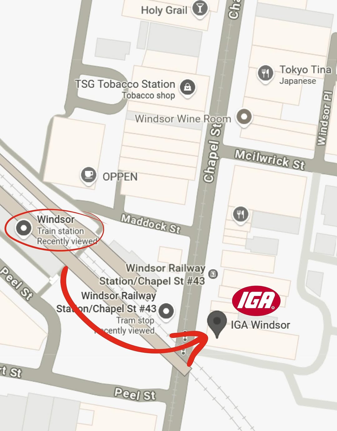 Map showing IGA Windsor location at 30 Chapel St, near Windsor train station and tram stop #43