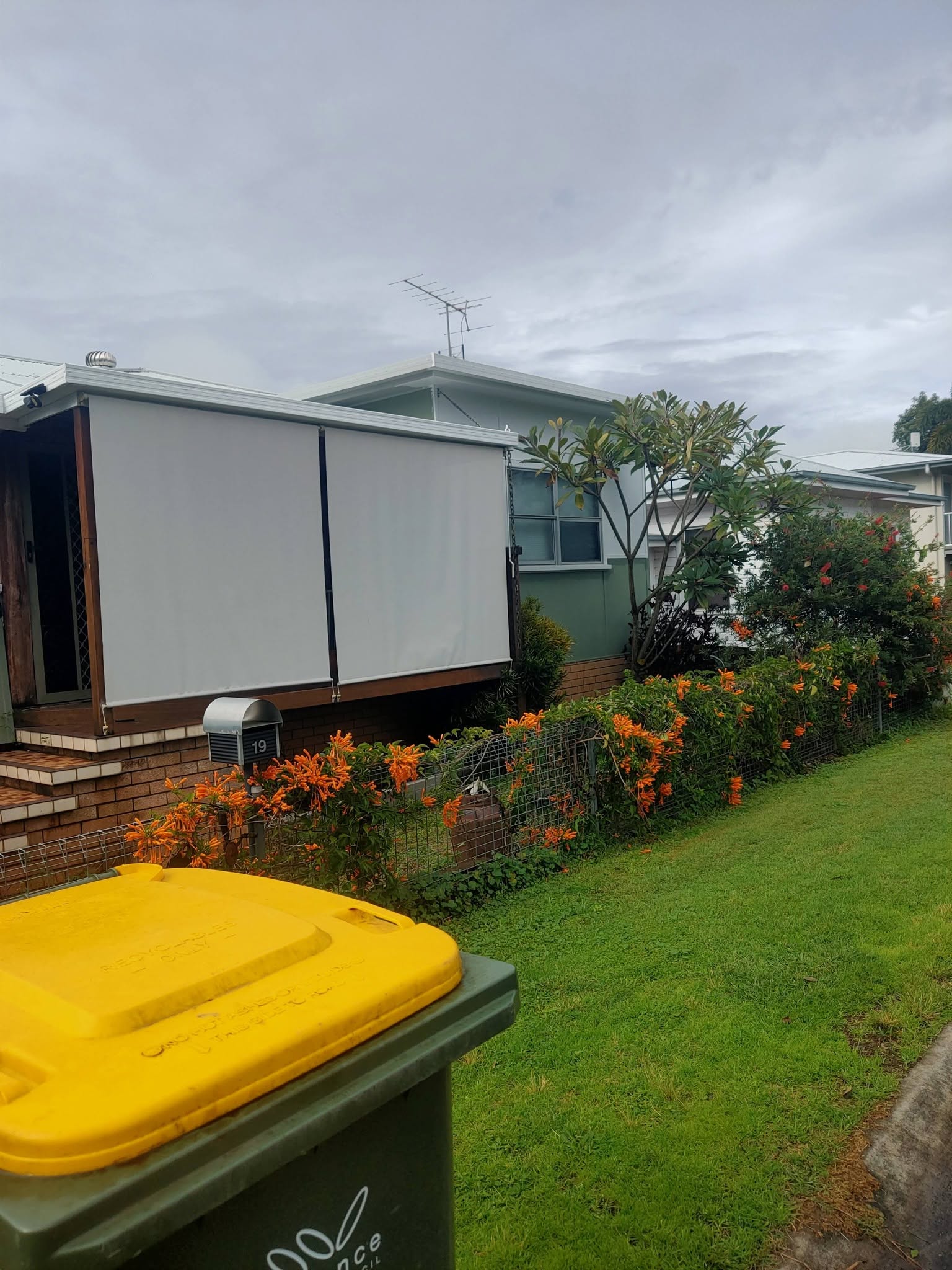 Painted house exterior with sage green walls and colourful garden