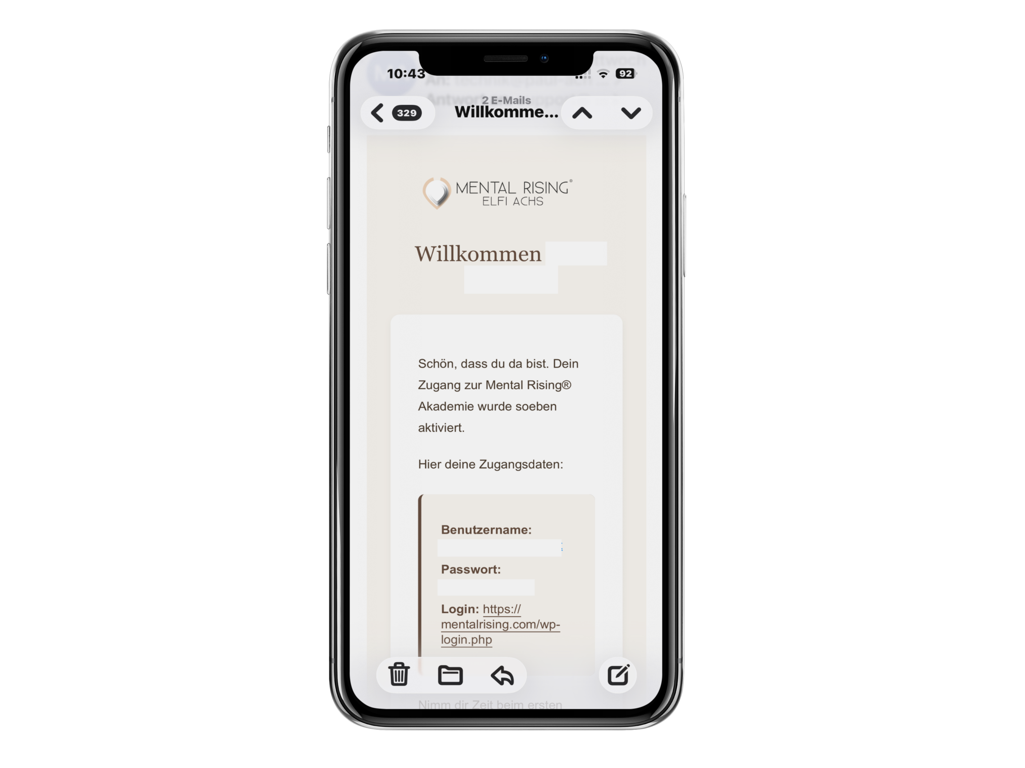 Vorschau der Willkommens-E-Mail mit Zugangsdaten auf dem Smartphone