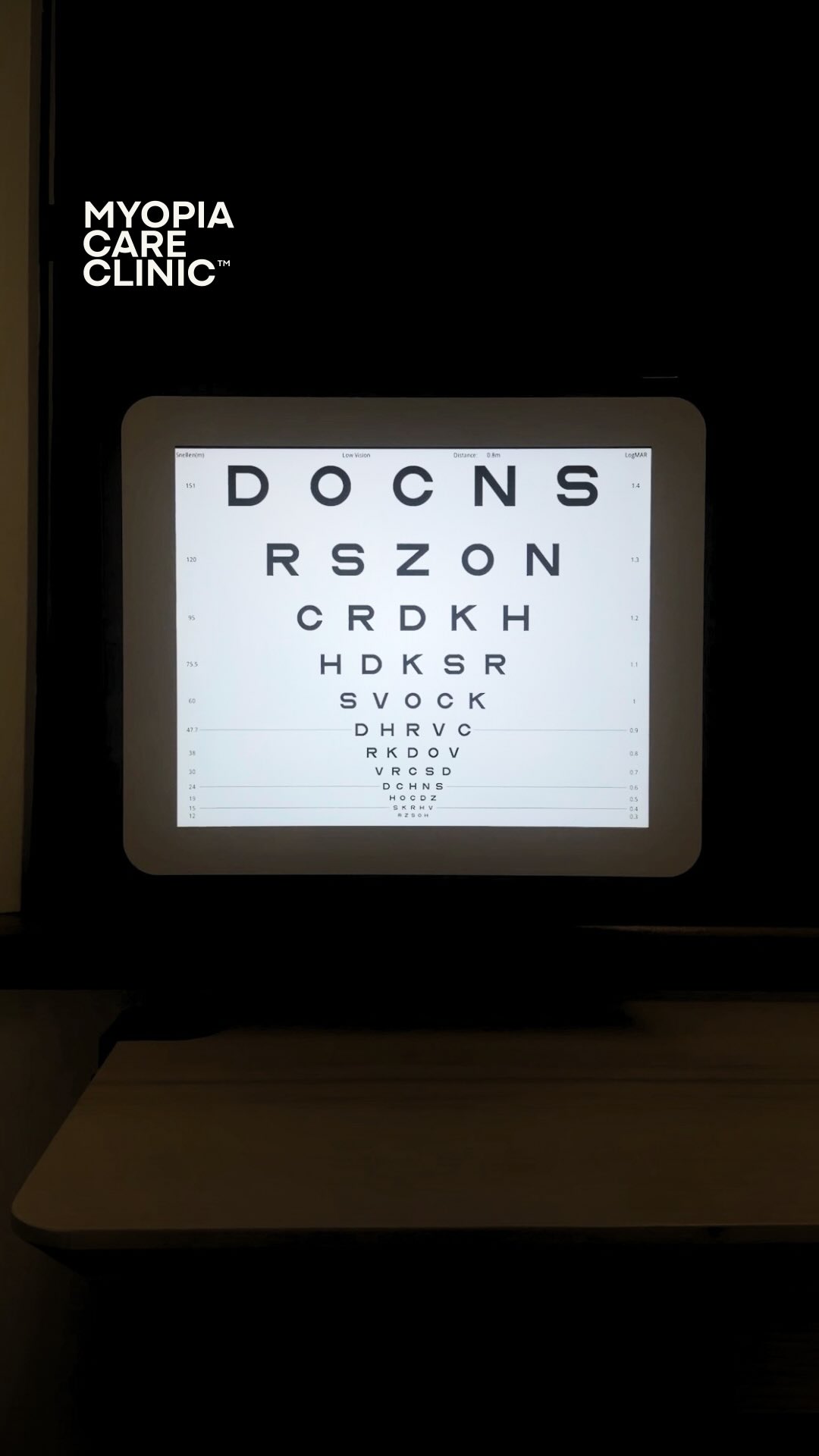 Eye examination chart displayed on a diagnostic screen at Myopia Care Clinic