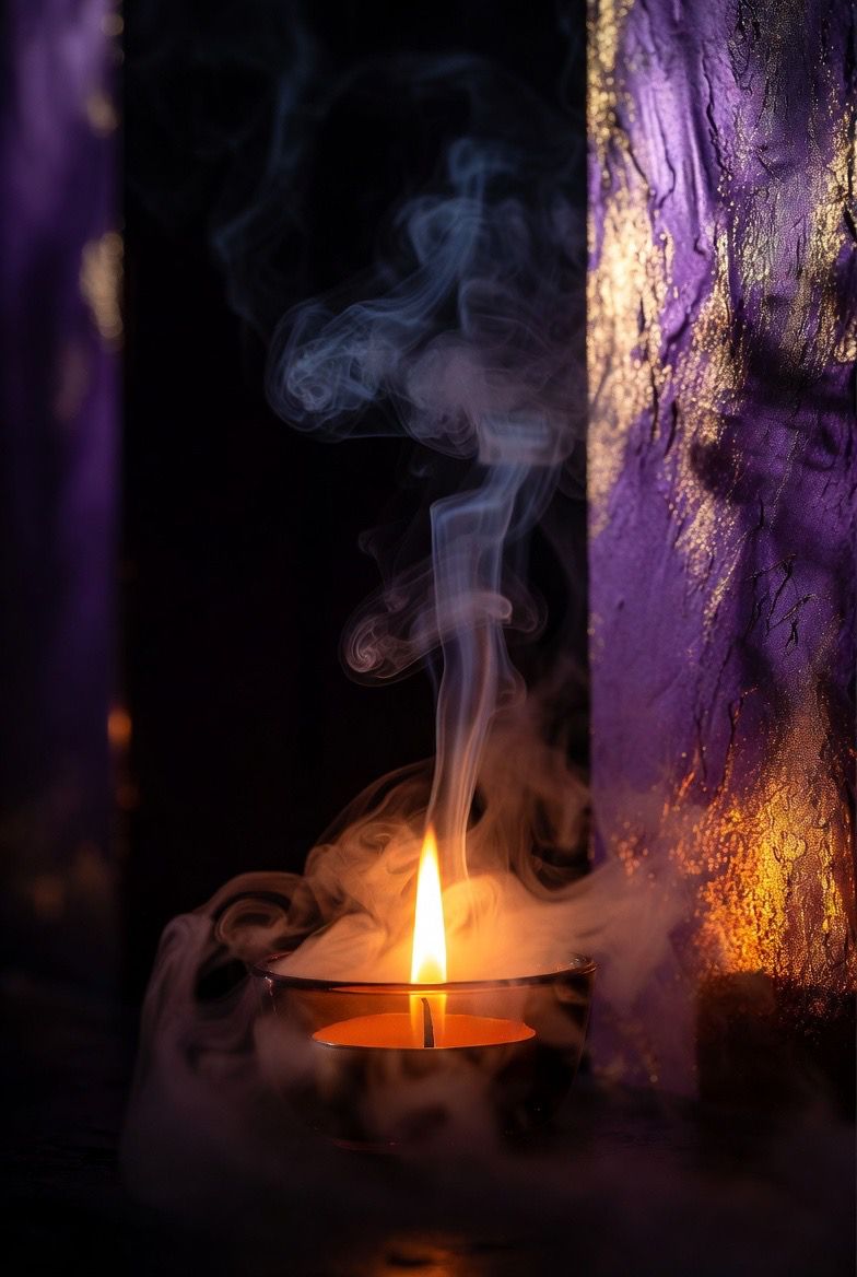Single tealight candle with rising smoke and purple glow