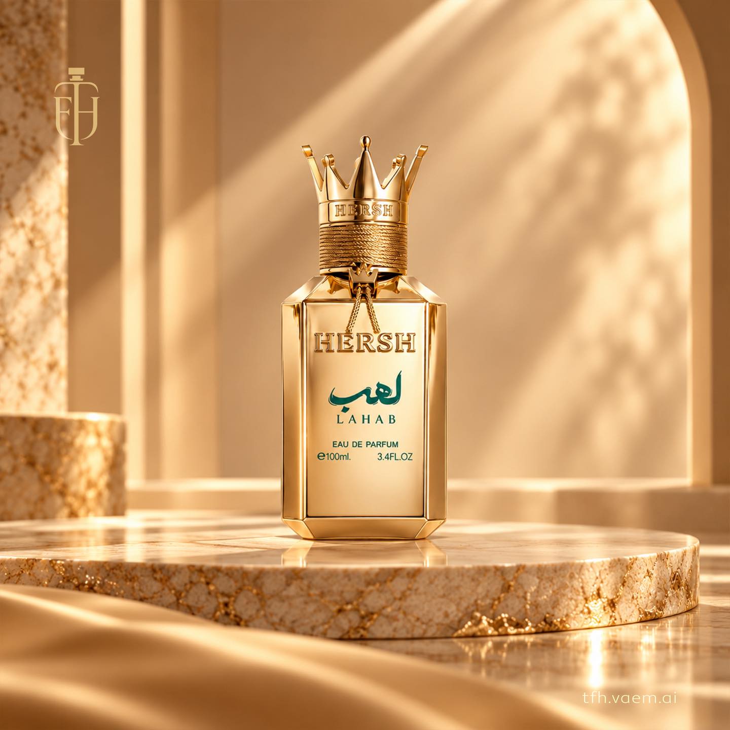 Gold perfume bottle with a crown cap on a marble podium in warm light