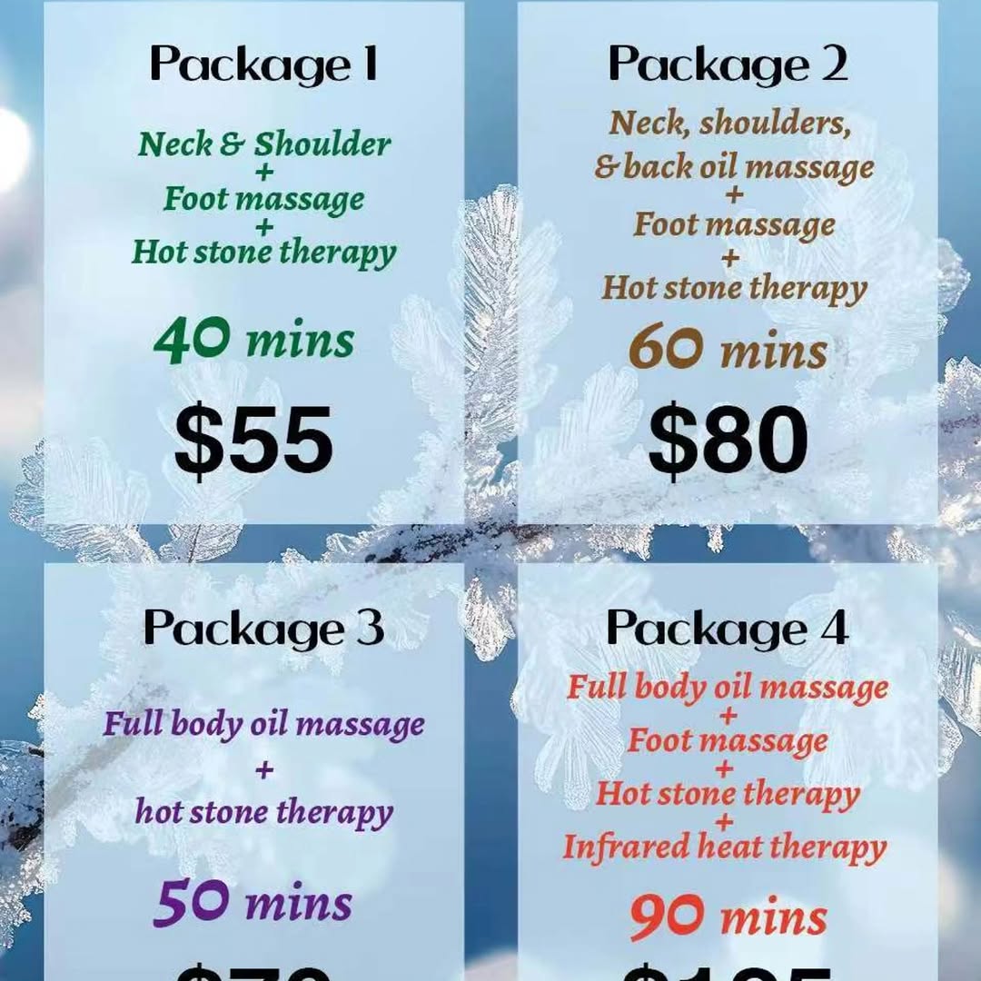 Massage packages showing remedial and combination treatment options with pricing