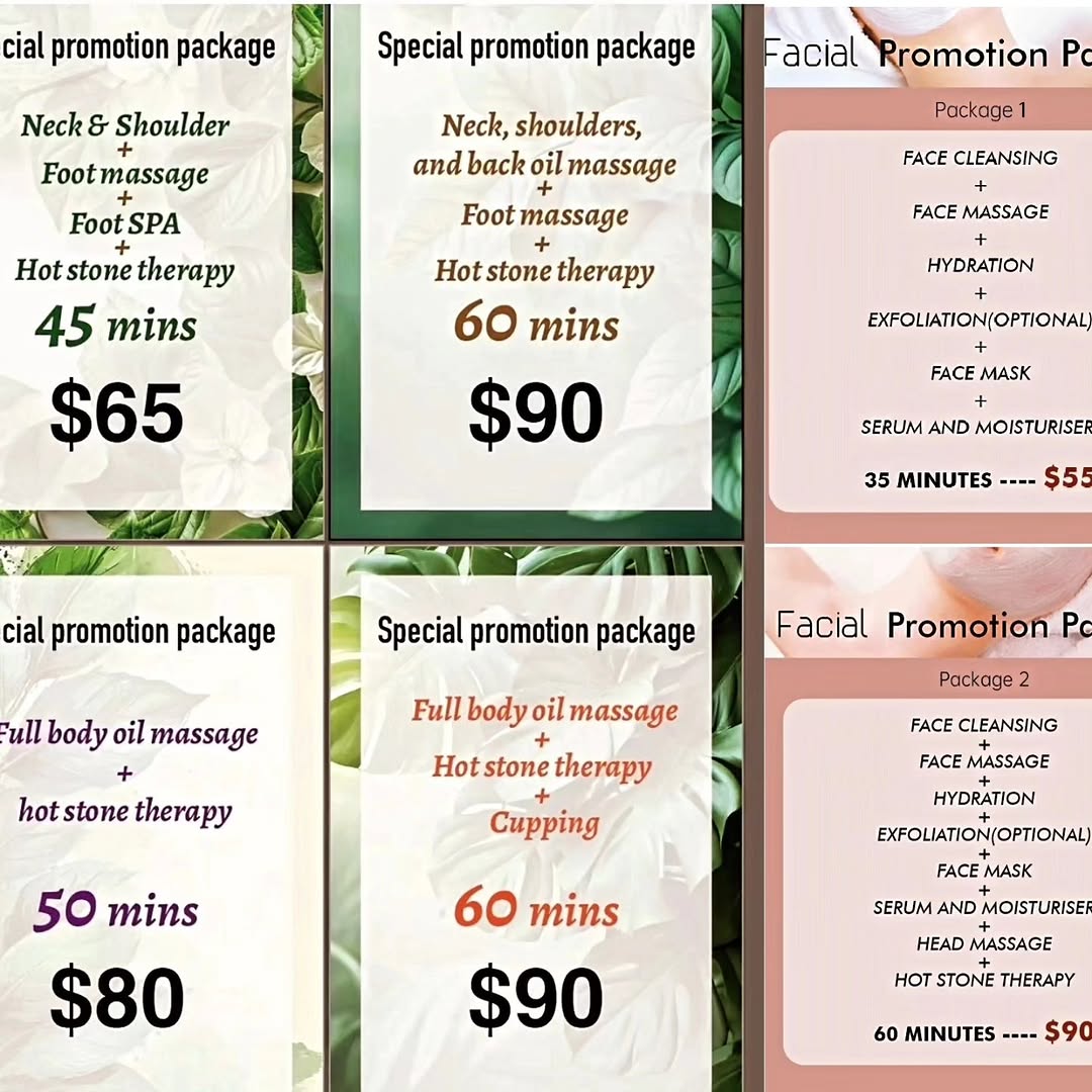 Massage packages featuring foot massage and foot spa as part of combination treatments