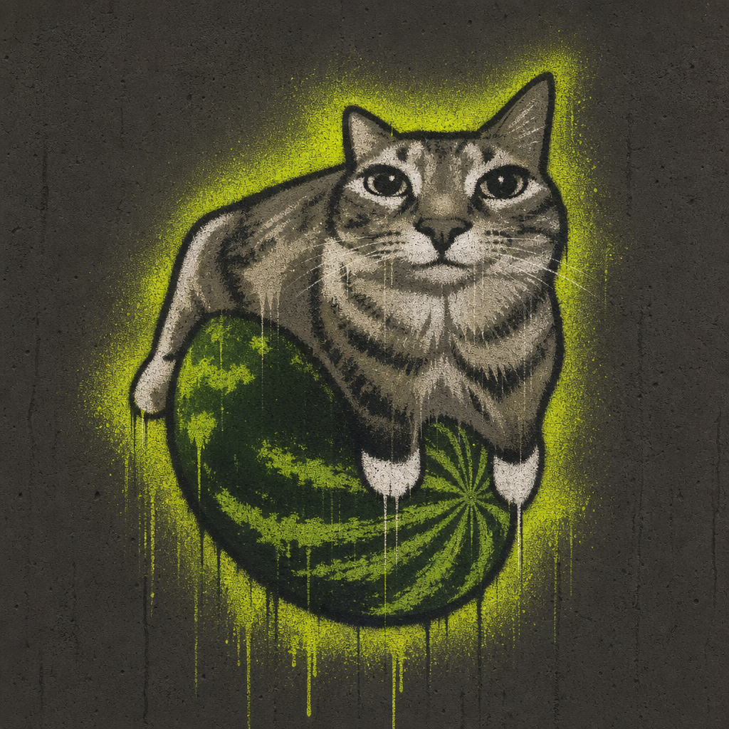 Close-up mural of the tabby cat perched on a watermelon, spray-painted in neon green with drips on a bare concrete wall