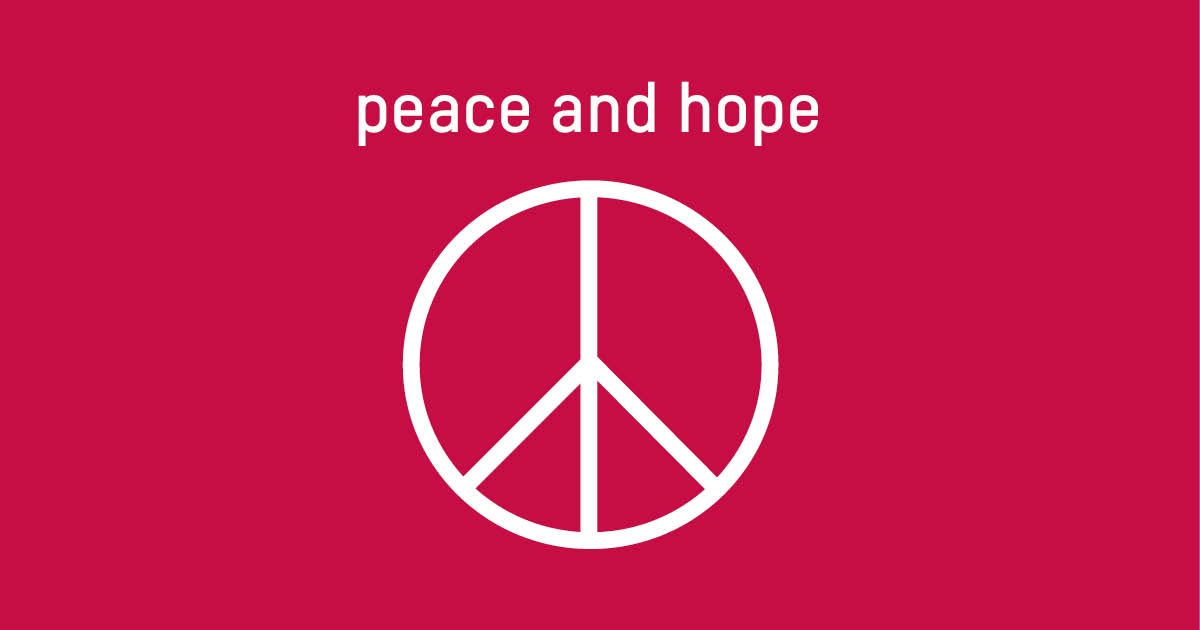 Peace and hope artwork — a crimson background with a peace sign