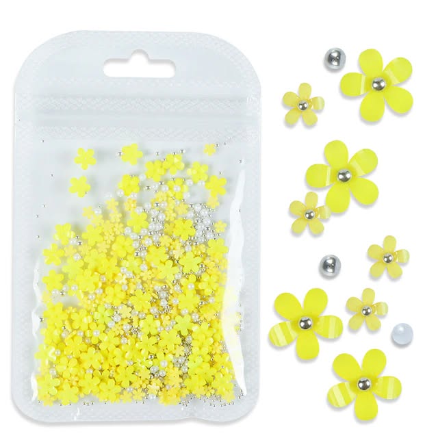 Yellow flower nail art charms with silver beads