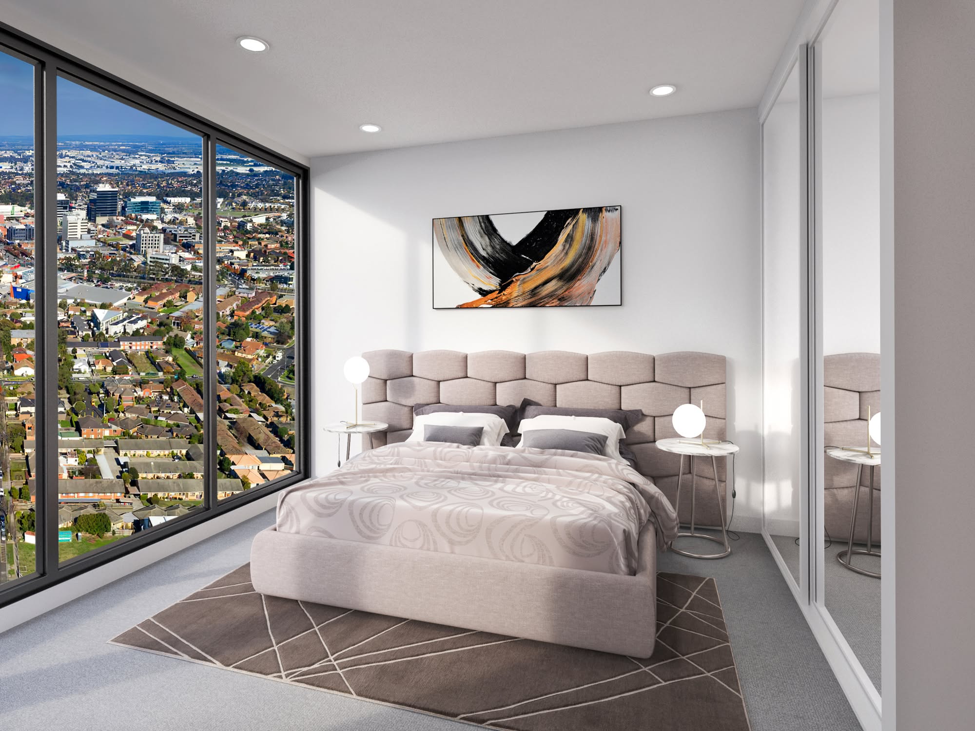 Bedroom with floor-to-ceiling windows overlooking suburban Melbourne, part of a Philidor residential development